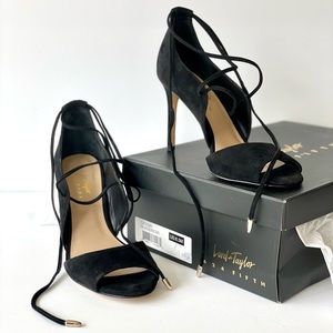 NIB, Never Worn, Lord +Taylor Gessa1 Ankle Wrap Heel in Black Suede, 6.5 (36.5)